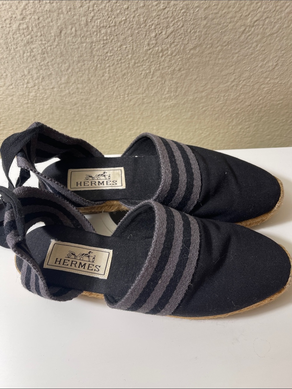 Hermes Black Canvas  Espadrilles with Gray Stripes